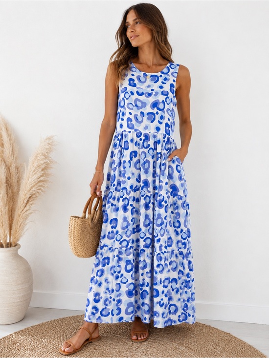 Dresses & Skirts - Cottagecore Tiered Blue Leopard Print Small Maxi Dress Viscose
